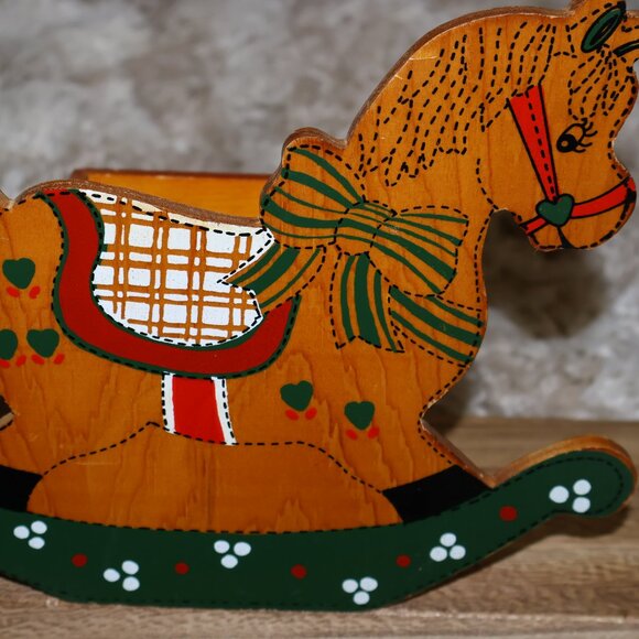 Vintage Rocking Horse Holiday Decor Square Box Christmas Planter Pens Utensils - Picture 2 of 12